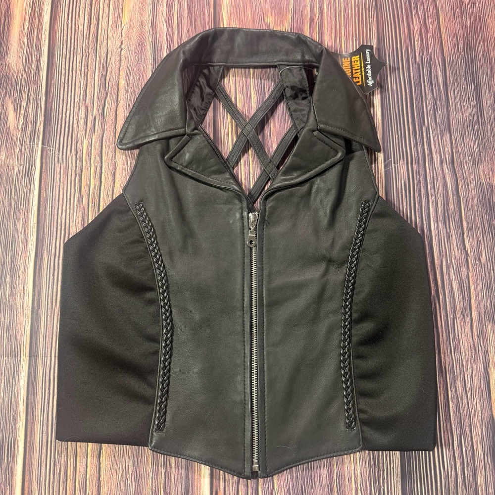 NWT‎ Women’s Black Leather Front Zip Vest With Fun Braided Open Back Halter Top